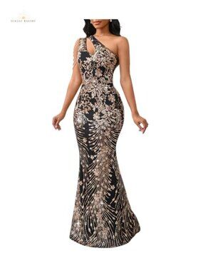 Sequin Sequin One Shoulder Tassel Mermaid Bodycon Formal Maxi Dress S-4XL